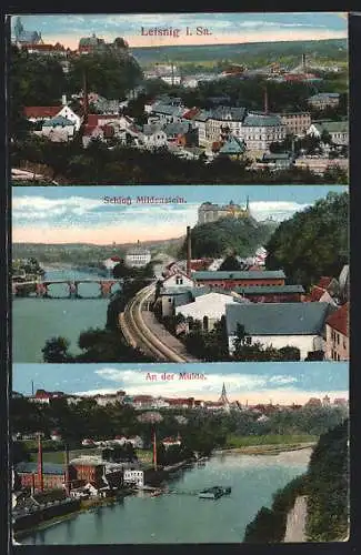 AK Leisnig i. Sa., Schloss Mildenstein, Partie an der Mulde