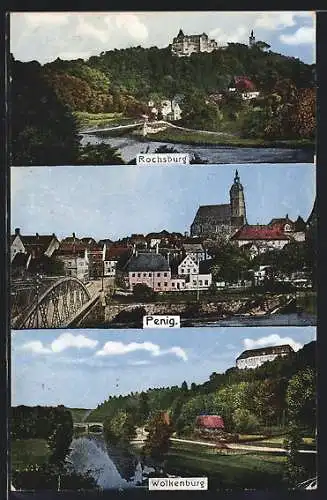 AK Penig, Ortstotale, Blick auf Rochsburg und Wolkenburg