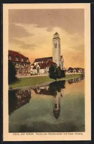 AK Kehl am Rhein, Partie am Stadtweiher mit der kath. Kirche