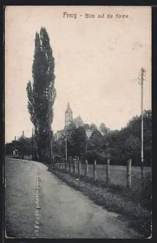 AK Penig, Kirche, von der Landstrasse gesehen