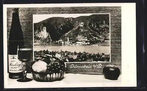 AK Dürnstein a. D., Fernansicht mit Donaupartie und Wein