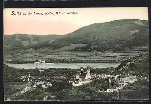 AK Spitz an der Donau, Ortsansicht mit Donau- und Bergblick aus der Vogelschau