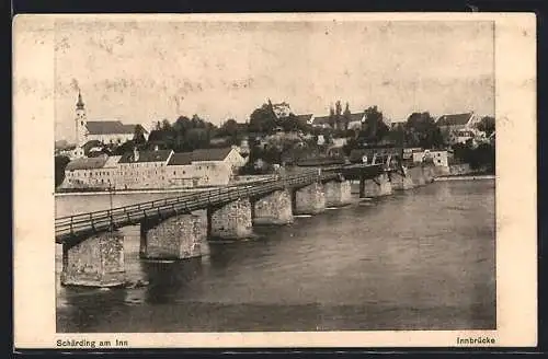 AK Schärding am Inn, Innbrücke mit Ort dahinter