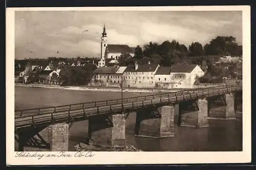 AK Schärding a. Inn, Innbrücke mit Ortsblick aus der Vogelschau