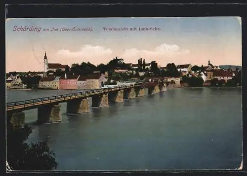 AK Schärding, Totalansicht mit Innbrücke