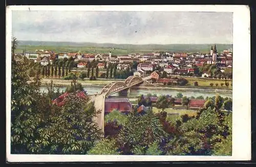 AK Wels /O.-Ö., Totalansicht mit Brücke aus der Vogelschau