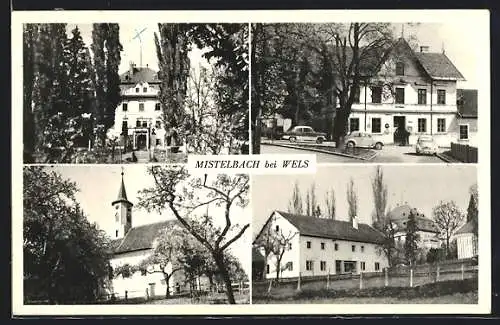 AK Mistelbach bei Wels, Gasthaus mit Autos, Kirche, Ortspartie