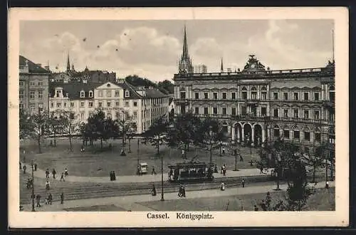 AK Kassel, Königsplatz mit Hôtel König von Preussen und Strassenbahn