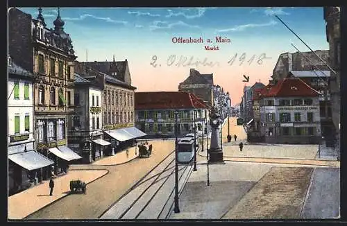 AK Offenbach / Main, Markt mit Gasthaus zum Goldenen Engel und Strassenbahn