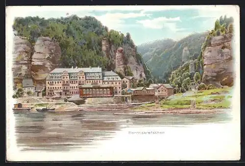 Lithographie Herrnskretschen / Hrensko, Blick zum Gasthaus am Ufer unter den Felsen