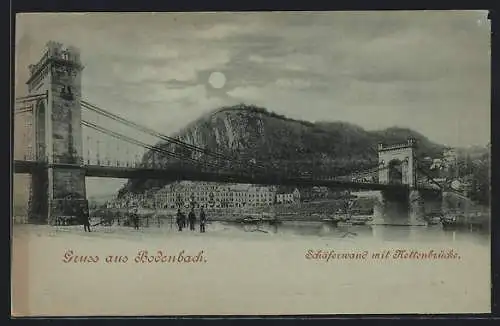 Mondschein-AK Bodenbach, Schäferwand mit Kettenbrücke