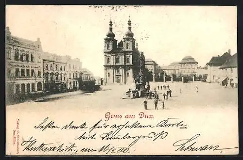 AK Dux, Marktplatz mit Kirche und Säulendenkmal