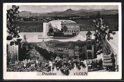 AK Louny, Strassenpartie von oben, Denkmal, Ortsanorama