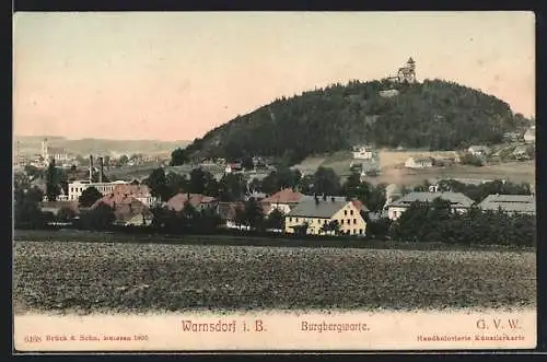 AK Warnsdorf i. B., Ortsansicht mit Burgbergwarte