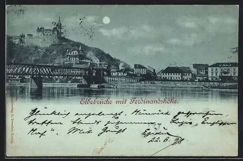 Mondschein-AK Aussig, Elbebrücke mit Ferdinandshöhe