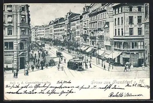 AK Frankfurt a. M., Zeil mit Geschäften und Strassenbahn von der Constablerwache