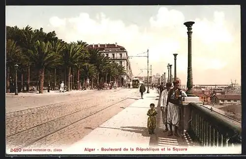 AK Alger, boulevard de la République et le square, Strassenbahn