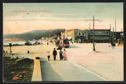 AK Marseille, La Plage et la Casino, Strassenbahn