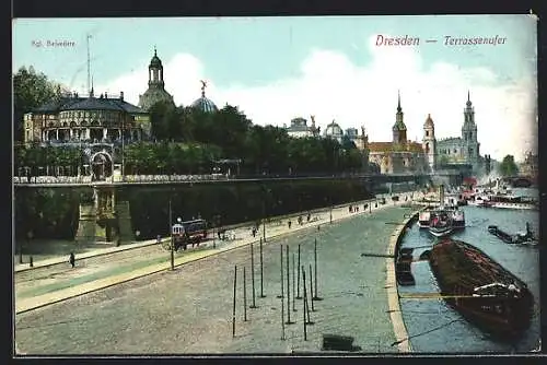 AK Dresden, Strassenbahn nebst Terrassenufer, Dampfer