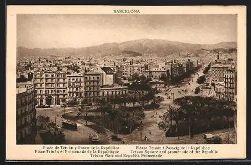 AK Barcelona, Plaza de Tetuán y Paseo de la Repùblica, Strassenbahn