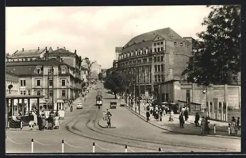 AK Plauen i. Vogtl., Strassenbahn in der Bahnhofstrasse