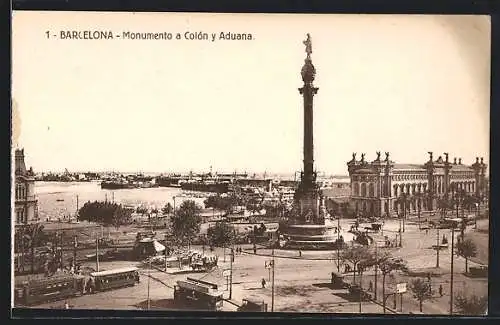 AK Barcelona, Monumento a Colón y Aduana, Strassenbahn