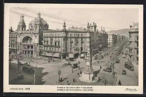 AK Barcelona, Rambla de Cataluna y Coliseum, Strassenbahn