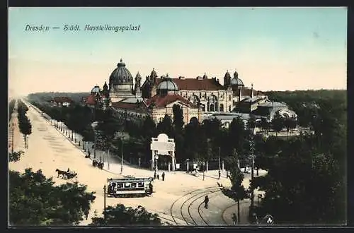 AK Dresden, Ausstellungspalast, Strassenbahn