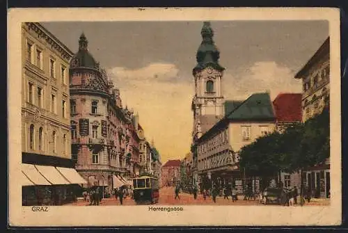 Künstler-AK Graz, Strassenbahn in der Herrengasse