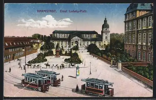 AK Darmstadt, Ernst Ludwig-Platz mit Strassenbahnen