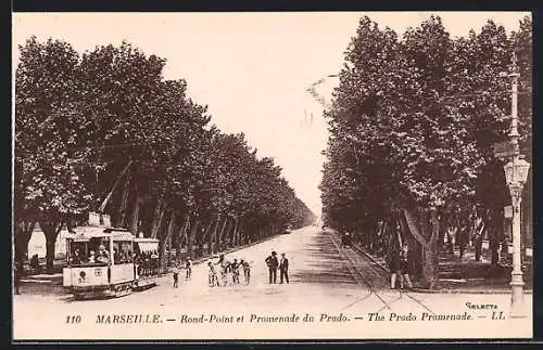 AK Marseille, Rond-Point et Promenade du Prado, tram, Strassenbahn