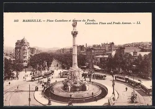 AK Marseille, Place Castellane et Avenue du Prado, tram, Strassenbahn
