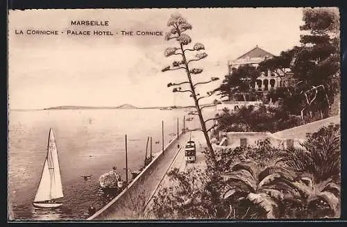 AK Marseille, La Corniche, Palace Hotel, The Cornice, Strassenbahn