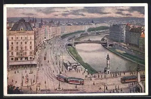 Künstler-AK Wien, Marienbrücke, Kai & Strassenbahn aus der Vogelschau