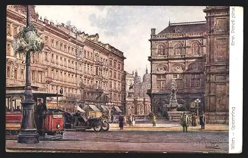Künstler-AK Wien, Opernring, Strassenbahn