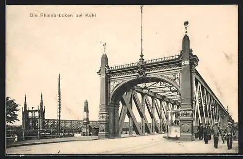 AK Kehl, Die Rheinbrücken mit Strassenbahn