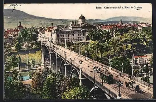 AK Bern, Kornhausbrücke mit Strassenbahn, Stadt und Gurten