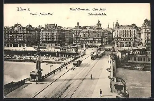 AK Wien, Schwedenbrücke und Franz Josefs-Kai mit Strassenbahnen