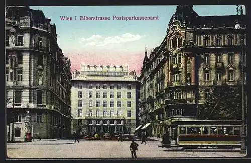 AK Wien, Strassenbahn auf der Biberstrasse am Postsparkassenamt