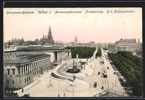 AK Wien, Franzensring mit Strassenbahnen und Monumentalbrunnen aus der Vogelschau, Parlament, Hofburg
