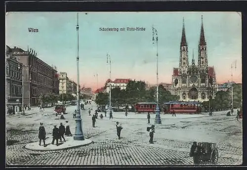 AK Wien, Schottenring mit Votivkirche, Strassenbahn