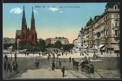 AK Wien, Maximilianplatz mit Votivkirche und Strassenbahn