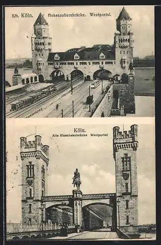 AK Köln, Hohenzollernbrücke mit Strassenbahn, Alte Eisenbahnbrücke