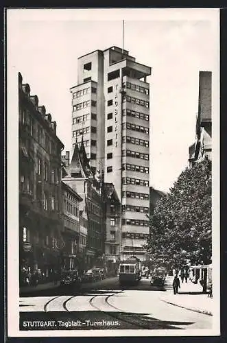 AK Stuttgart, Tagblatt Turmhaus und Strassenbahn