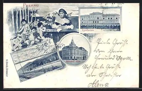 AK Prerov, Gymnasium, Narodni dum, Nadarazi, Engel, Frau in Tracht