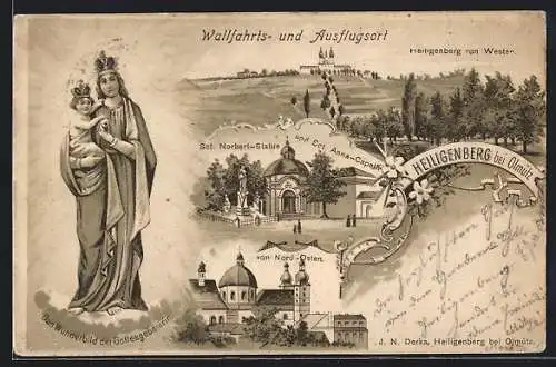 Lithographie Heiligenberg, Wallfahrtskirche von Westen, Sct. Nobert-Statue, Wunderbild d. Gottesgebärerin