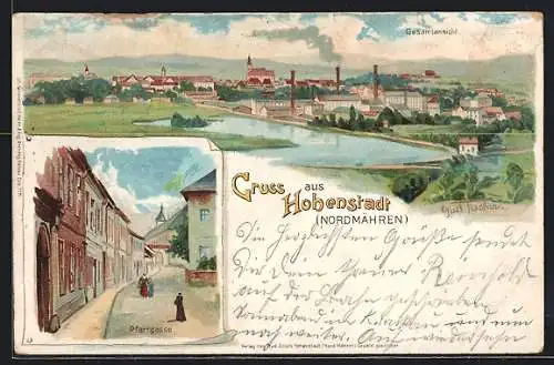 Lithographie Hohenstadt, Strassenpartie an der Pfarrgasse, Ortsansicht