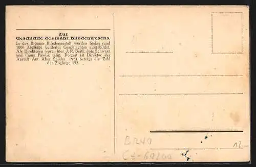 AK Brünn, Entwicklung der mähr. Landesblindenerziehunganstalt 1835 bis 1915