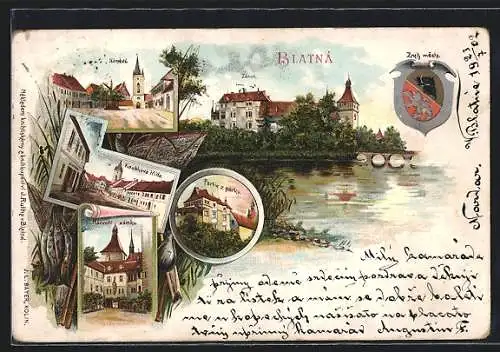 Lithographie Blatná, Nadvori zamku, Koubkova trida, Partie z parku