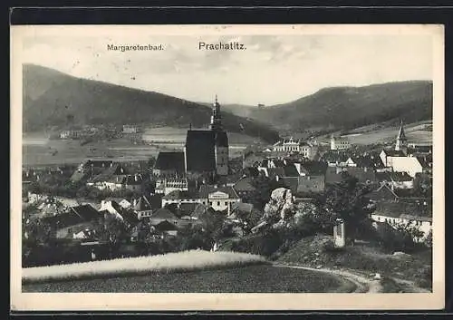 AK Prachatitz, Ortsansicht mit Margaretenbad aus der Vogelschau